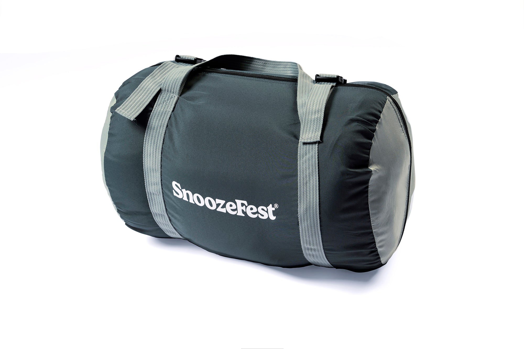 Green SnoozePod duffel bag or carry case with 'SnoozeFest' logo