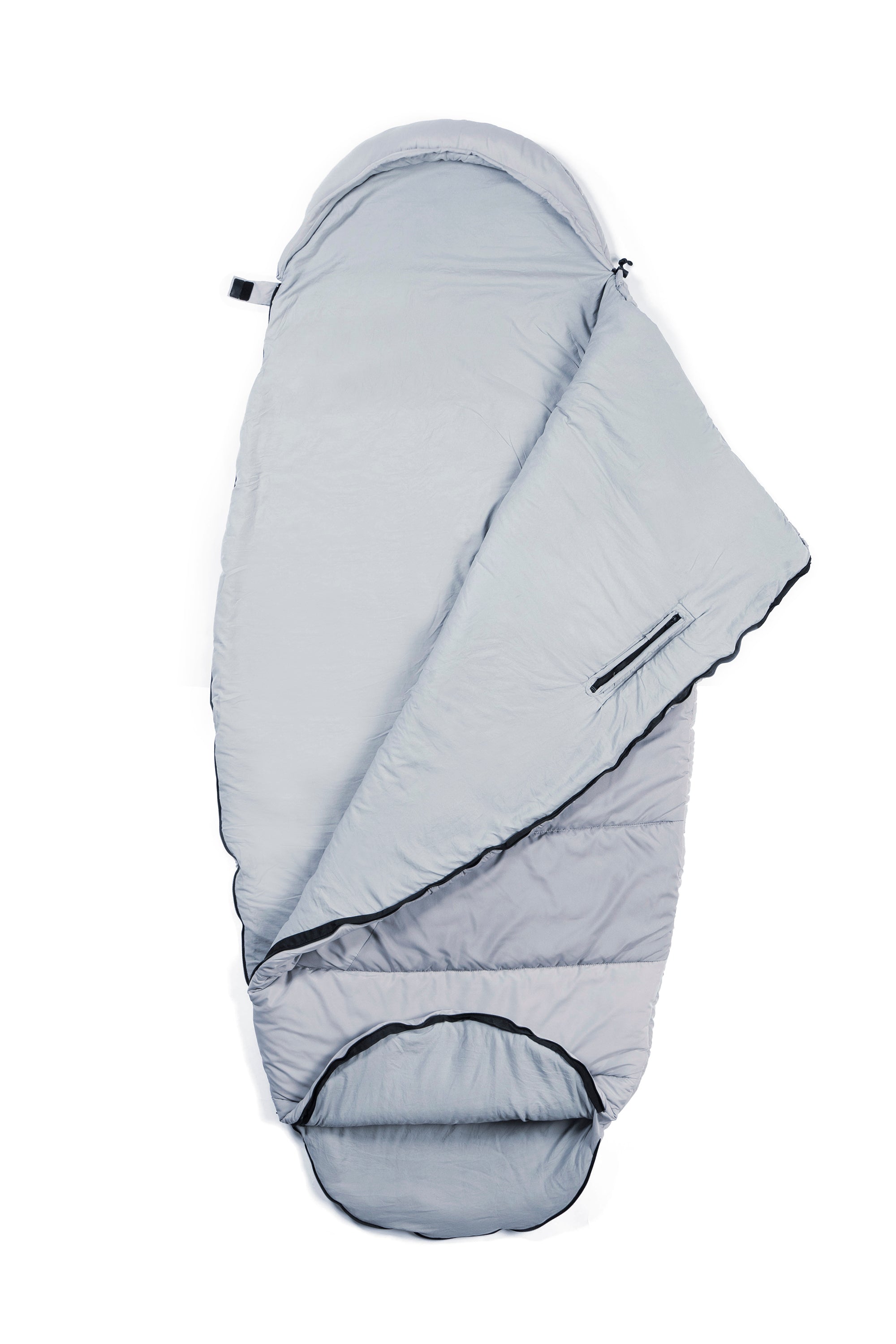 Light grey SnoozePod – a wearable hooded sleeping bag with feet and arm openings
