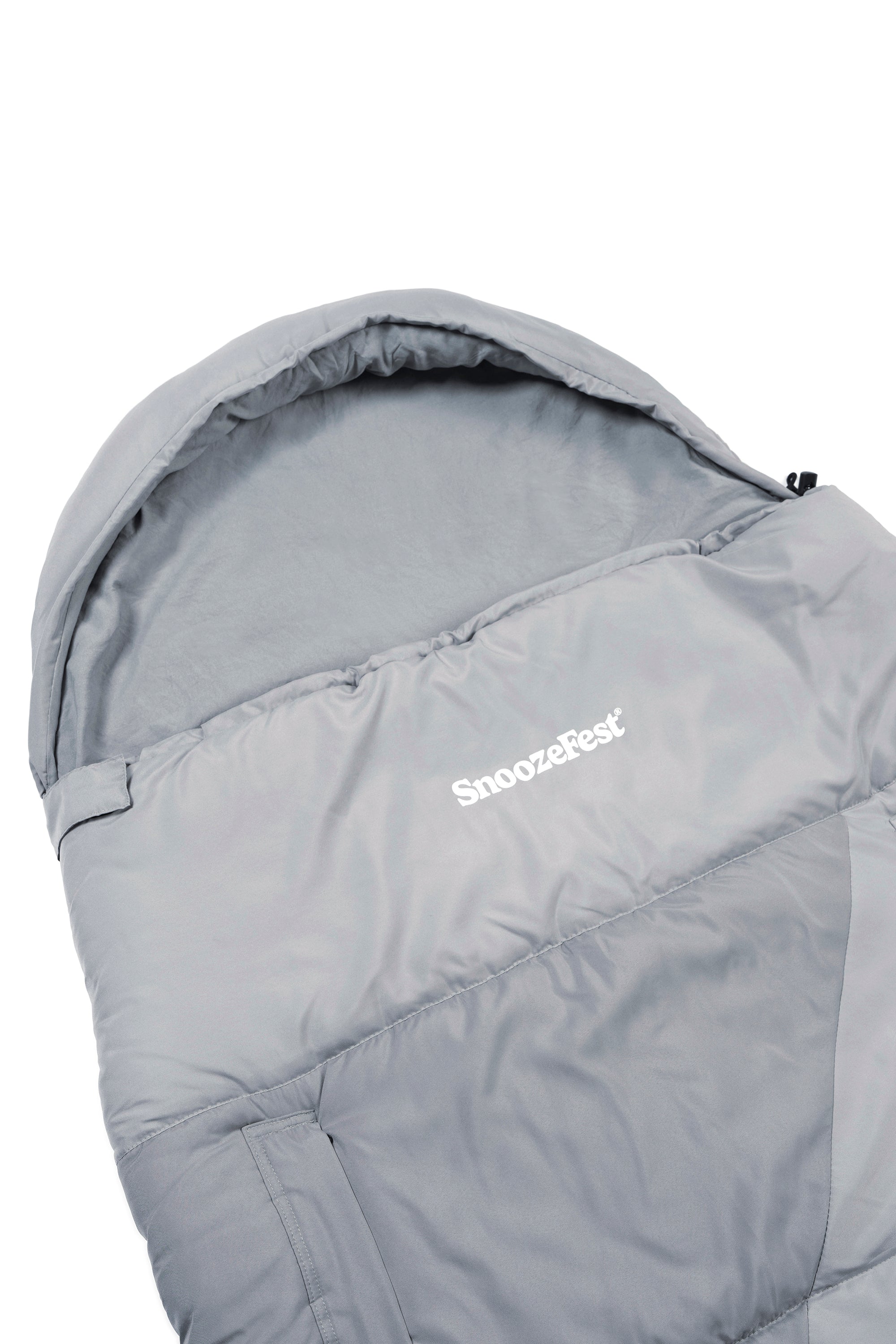 Grey hooded wearable pod with zipped arm openings and 'SnoozeFest' branding on a white background