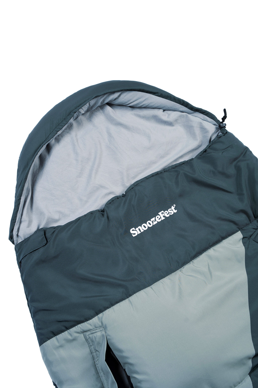 The hood of a green wearable pod with SnoozeFest logo on a white background