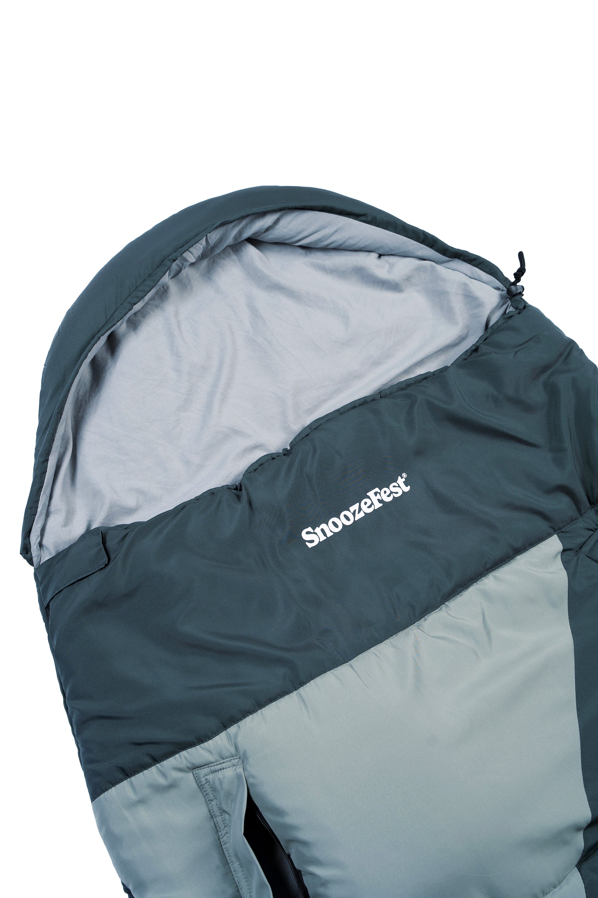 The hood of a green wearable pod with SnoozeFest logo on a white background